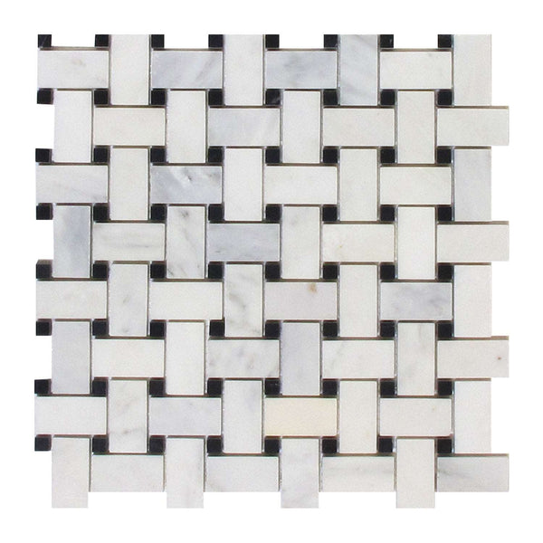 Arabescato Basketweave With Black Dot Polished Bathroom Floor Tile| Marble Basket Weave Mosaic| Basketweave Black and White Tile| Basketweave Marble Floor All Marble Tiles