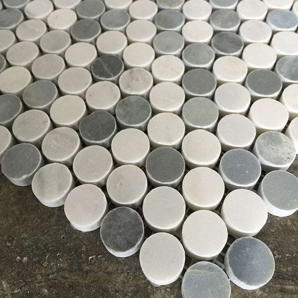 Bianco Carrara Marble And Blue Stone Mix Penny Round Marble Mosaic All Marble Tiles