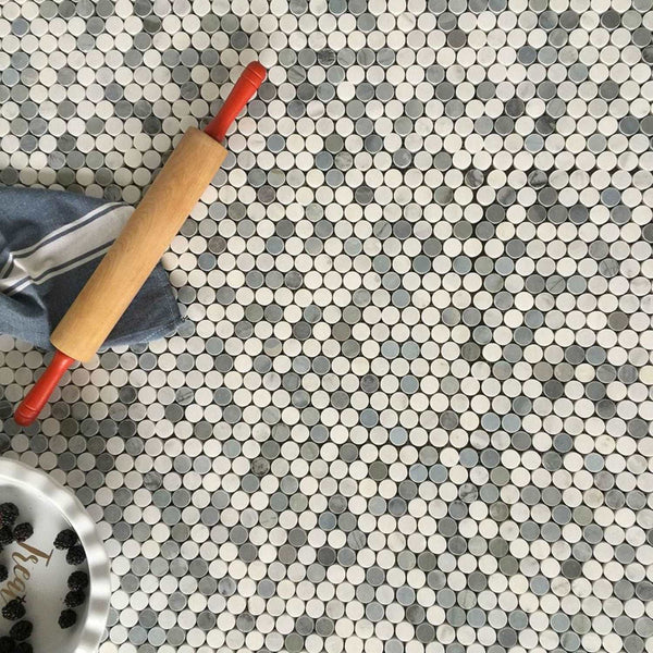 Bianco Carrara Marble And Blue Stone Mix Penny Round Marble Mosaic All Marble Tiles