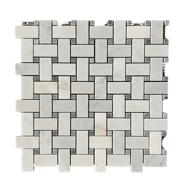 Arabescato Basketweave With Blue Dot Polished Tile for Bathroom Floor| Shower Mosaic| Shower Tile| Wall Tile| Basketweave Backsplash Tile| Kitchen Bask Splash Mosaic| All Marble Tiles
