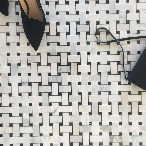 Arabescato Basketweave With Black Dot Polished Bathroom Floor Tile| Marble Basket Weave Mosaic| Basketweave Black and White Tile| Basketweave Marble Floor All Marble Tiles