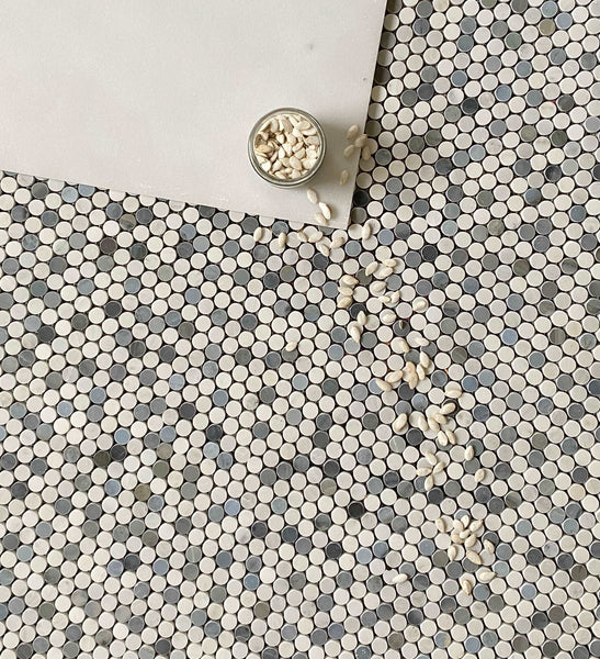 Arabescato Mixed With Blue Stone Penny Round Polished Tile All Marble Tiles