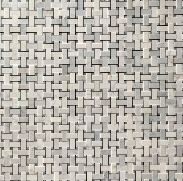 Arabescato Basketweave With Blue Dot Polished Tile for Bathroom Floor| Shower Mosaic| Shower Tile| Wall Tile| Basketweave Backsplash Tile| Kitchen Bask Splash Mosaic| All Marble Tiles