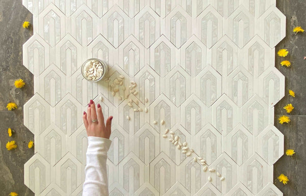 Arrow Waterjet Mosaic Tile Thassos and Mother of Pear Marble For Accent Wall| Kitchen Backsplash| Luxury Waterjet Mosaic| Luxury White Marble| Wall Tile| MOP Mosiac All Marble Tiles