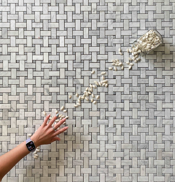 Bianco Carrara Basketweave Mosaic with Bardiglio Dot Honed For Floor and Wall| Backsplash Mosaic| Kitchen Mosaic| bathroom Floor| Shower Tile| White Marble All Marble Tiles