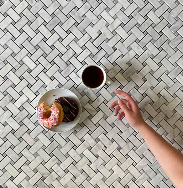 Bianco Carrara Basketweave Mosaic with Bardiglio Dot Honed For Floor and Wall| Backsplash Mosaic| Kitchen Mosaic| bathroom Floor| Shower Tile| White Marble All Marble Tiles