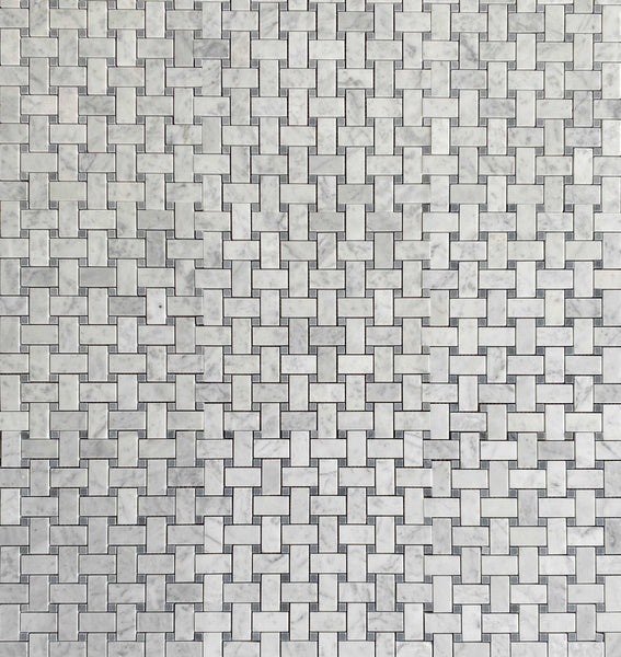 Bianco Carrara Marble Basketweave With Blue Stone Dot Mosaic Polished All Marble Tiles