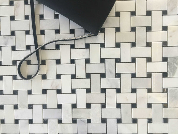 Arabescato Basketweave With Black Dot Polished Bathroom Floor Tile| Marble Basket Weave Mosaic| Basketweave Black and White Tile| Basketweave Marble Floor All Marble Tiles