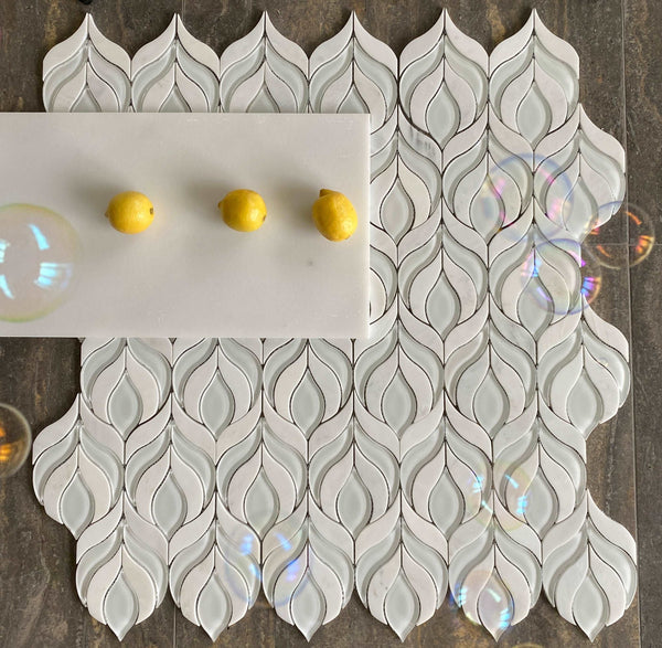 Botanica Waterjet Mosaic Arabescato and White Glass Clear All Marble Tiles