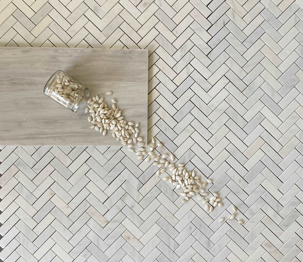 Arabescato 1x2 Marble Herringbone Polished Tile Bathroom Floor and Wall Tile| Back Splash kitchen Mosaic| Tile Trends| White Herringbone Tile| Bathroom Herringbone All Marble Tiles