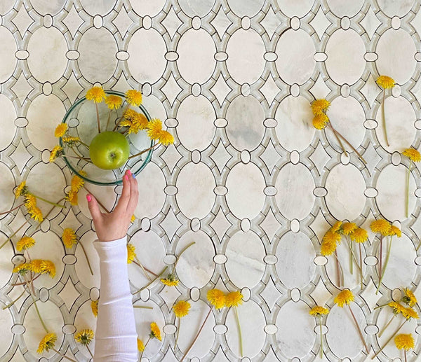 Antique Arabescato and White Glass Clear Waterjet Mosaic Backsplash for Kitchen| Fireplace Tile| Luxury Tile for Fireplace| Fancy Tiles| Kitchen Tile Ideas All Marble Tiles