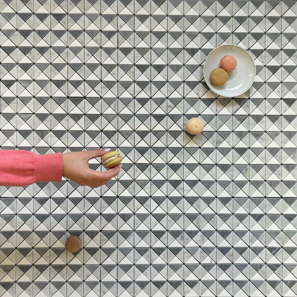 Triangle Blend Marble Mosaic Carrara, Bardiglio, and Thassos Polished