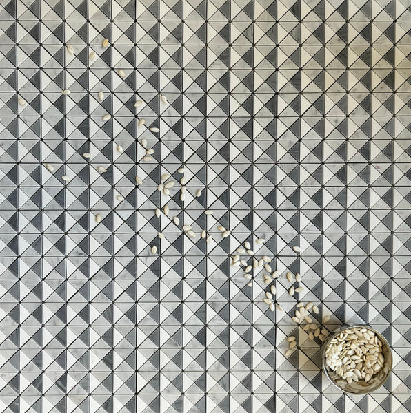 Triangle Blend Marble Mosaic Carrara, Bardiglio, and Thassos Polished