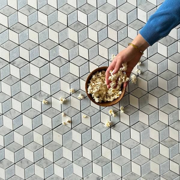 Rhombus Blue Celeste, Thassos and Carrara polished Mosaic Marble Tile