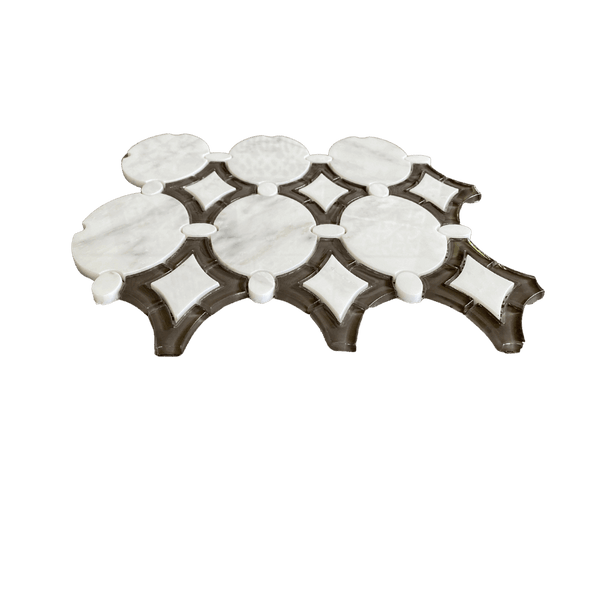 Antique Arabescato and Gray Glass Clear Waterjet Mosaic Unique Kitchen Backsplash Mosaic Tile| Waterjet Tile Design| Back Splash Tile| Backsplash for Kitchen All Marble Tiles