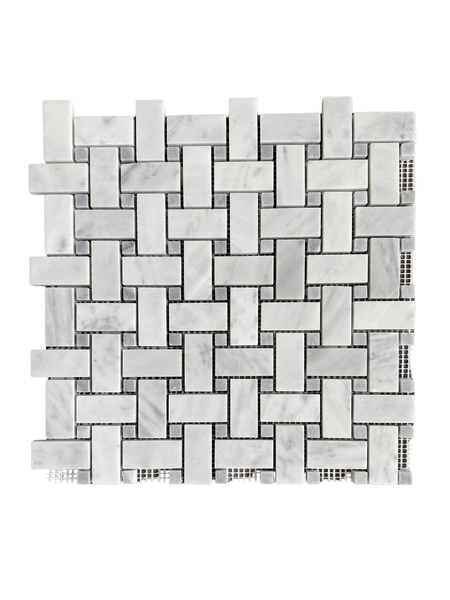 Bianco Carrara Basketweave Mosaic with Bardiglio Dot Honed For Floor and Wall| Backsplash Mosaic| Kitchen Mosaic| bathroom Floor| Shower Tile| White Marble All Marble Tiles