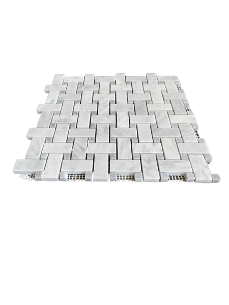 Bianco Carrara Basketweave Mosaic with Bardiglio Dot Honed For Floor and Wall| Backsplash Mosaic| Kitchen Mosaic| bathroom Floor| Shower Tile| White Marble All Marble Tiles