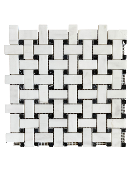 Dolomite Marble Mosaic Basketweave With Black Dot 1x2 Polished For Bathroom Floor| Bathroom Mosaic| Kitchen Backsplash Mosaic| Basketweave Wall Tile All Marble Tiles
