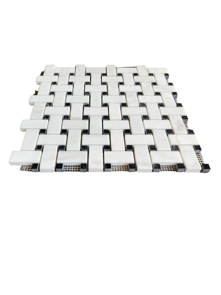 Dolomite Marble Mosaic Basketweave With Black Dot 1x2 Polished For Bathroom Floor| Bathroom Mosaic| Kitchen Backsplash Mosaic| Basketweave Wall Tile All Marble Tiles