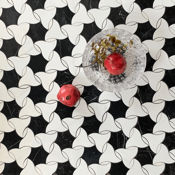 Belle Waterjet Mosaic Dolomite and Toros Black All Marble Tiles