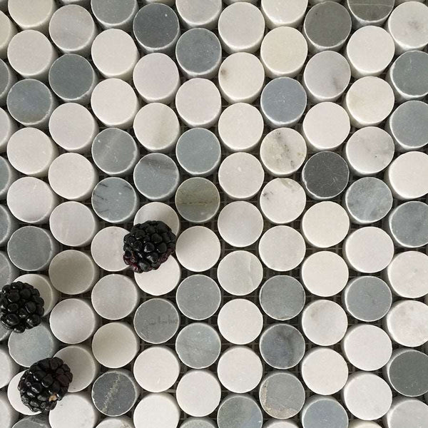 Bianco Carrara Marble And Blue Stone Mix Penny Round Marble Mosaic All Marble Tiles