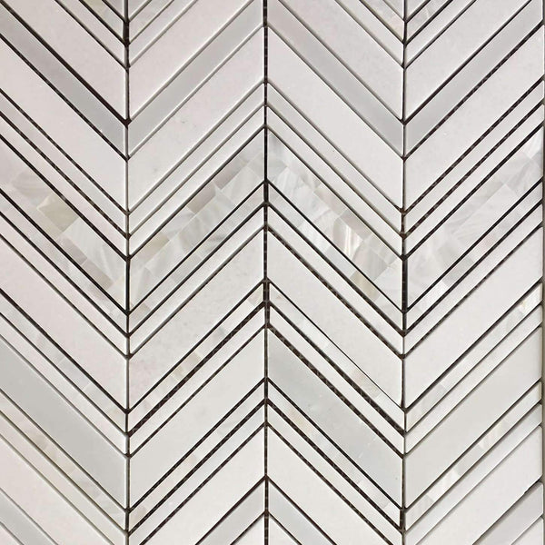 Chevron Waterjet Mosaic Pure White and Mother of Pearl All Marble Tiles