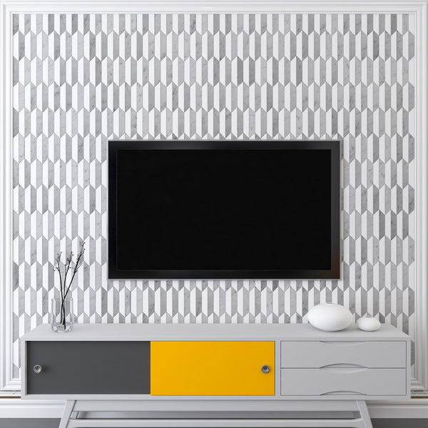 Picket Carrara And Dolomite Marble Waterjet Mosaic Polished All Marble Tiles