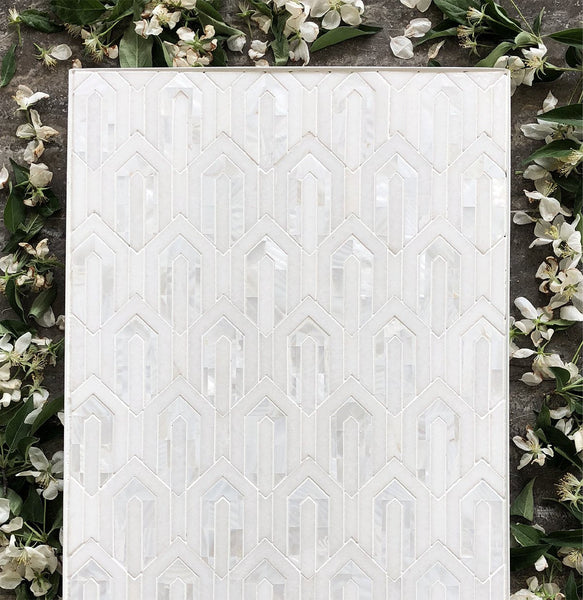 Mini Arrow Waterjet Mosaic Thassos and Mother of Pearl All Marble Tiles
