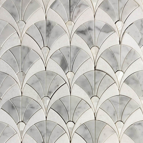 Fan Waterjet Mosaic Carrara Thassos and Mother of Pearl All Marble Tiles