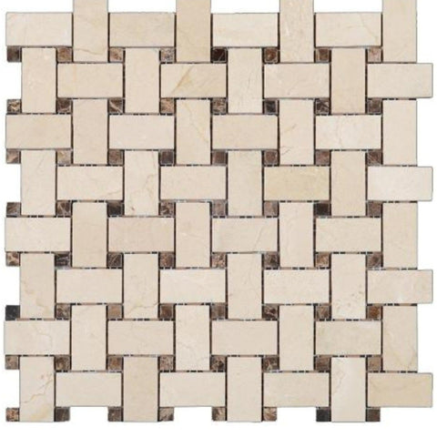 Crema Marfil Polished Marble Basketweave With Dark Emperador Dots All Marble Tiles