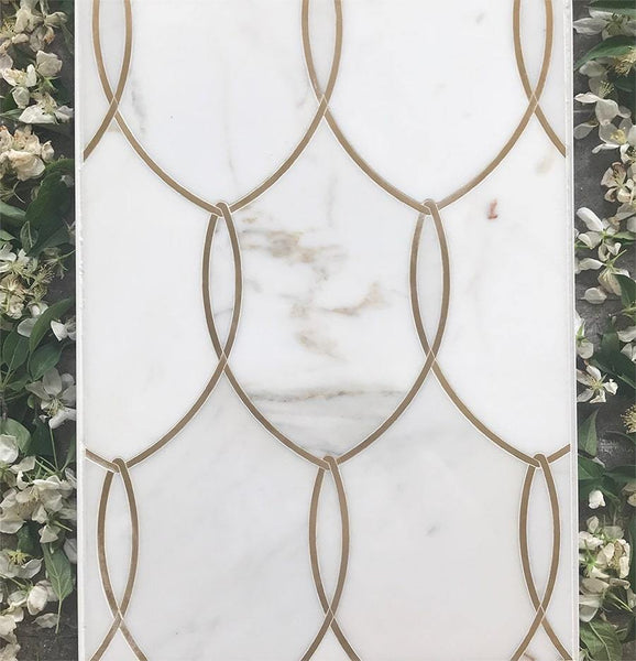 Gentle Net Backsplash Waterjet Mosaic Tile Calacatta and Brass All Marble Tiles