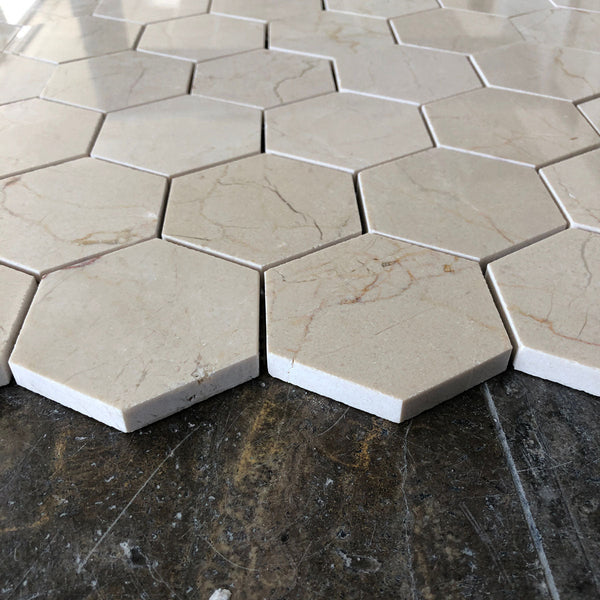 Crema Marfil Hexagon 3" Polished Mosaic All Marble Tiles
