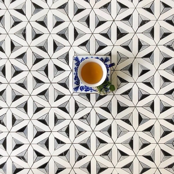Delta Waterjet Mosaic with Dolomite, Ocean Grey, & Nero All Marble Tiles