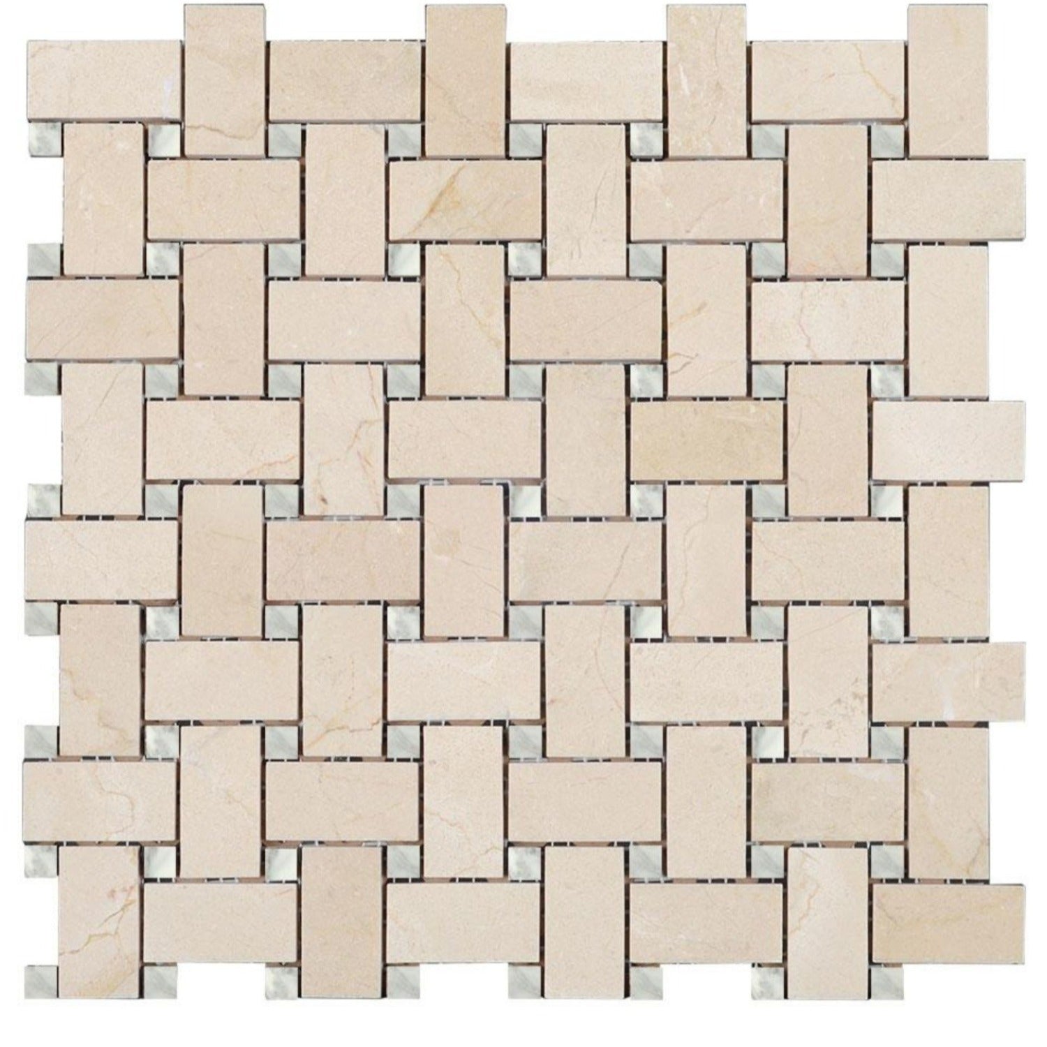 Crema Marfil Polished Marble Basketweave With White Carrara Marble Dot All Marble Tiles