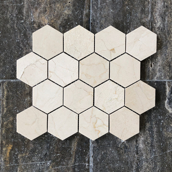 Crema Marfil Hexagon 3" Polished Mosaic All Marble Tiles