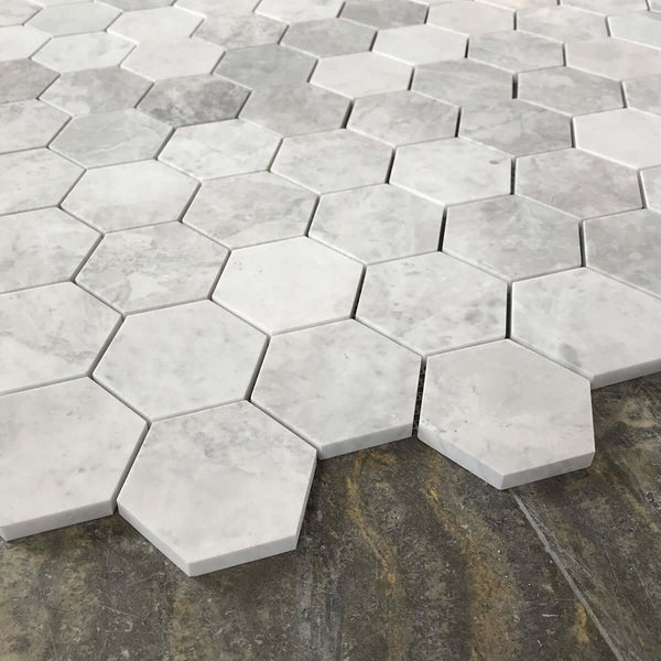 Alicha Hexagon 3" Polished Mosaic Backsplash Kitchen | Shower Mosaic Tile | White/Grey Hexagon Tile |  Luxury Mosaic Tile | Bathroom Floor Tile | Wall Tile All Marble Tiles