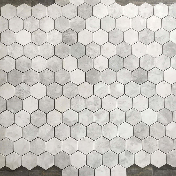 Alicha Hexagon 3" Polished Mosaic Backsplash Kitchen | Shower Mosaic Tile | White/Grey Hexagon Tile |  Luxury Mosaic Tile | Bathroom Floor Tile | Wall Tile All Marble Tiles