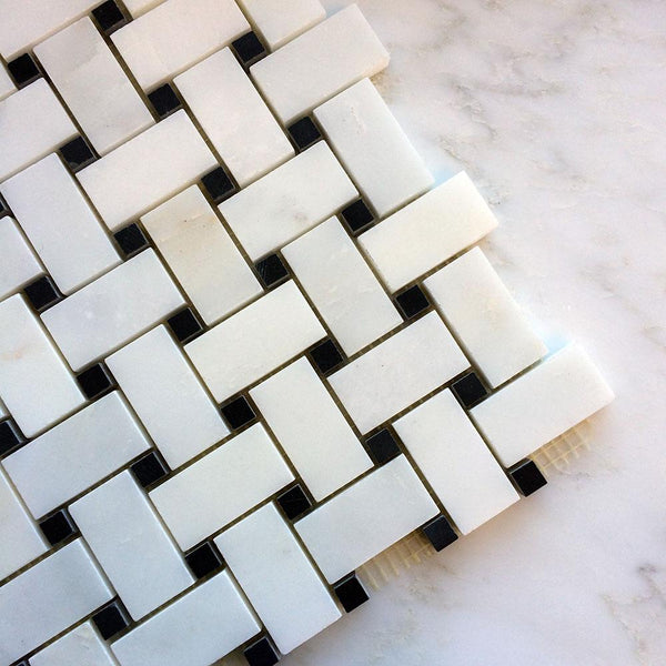 Arabescato Basketweave With Black Dot Polished Bathroom Floor Tile| Marble Basket Weave Mosaic| Basketweave Black and White Tile| Basketweave Marble Floor All Marble Tiles
