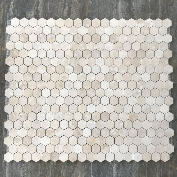 Light Travertine Hexagon 2" Filled & Honed Mosaic All Marble Tiles