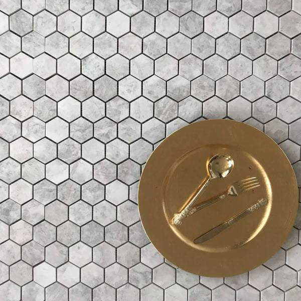 Alicha Hexagon 2" Polished Marble Mosaic White/Grey Tile | Shower Mosaic | Kitchen Backsplash Tile | Floor Tile | Wall Tile | White/Grey Hexagon Mosaic | All Marble Tiles