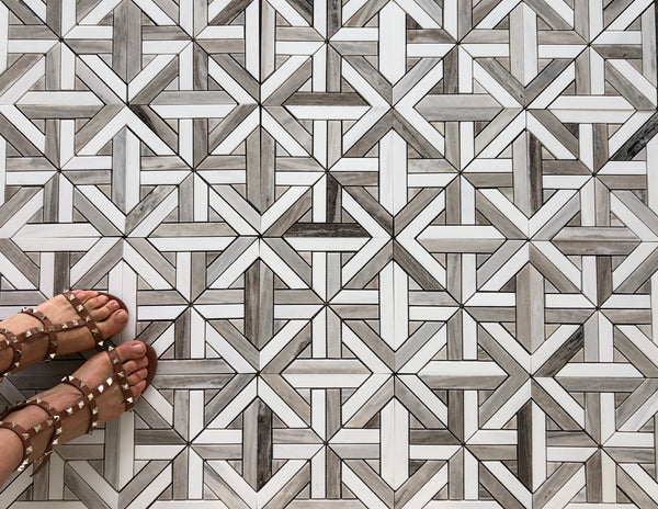 Karo Waterjet Mosaic With Thassos Marble & Calacatta Gold Polished All Marble Tiles