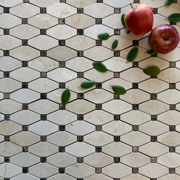 Elongated Octagon Waterjet Mosaic With Dolomite & Ocean grey Dot All Marble Tiles