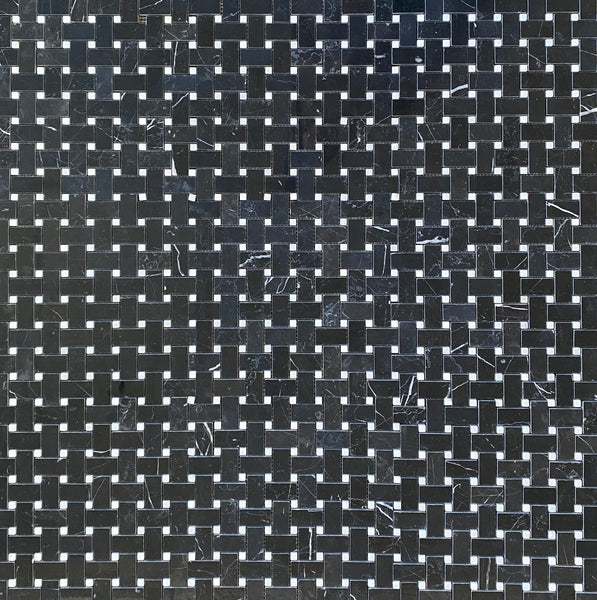 Nero Marquina Marble Mosaic Polished Basketweave with White Dot All Marble Tiles