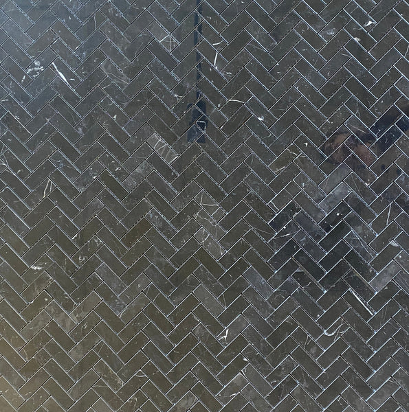 Nero Marquina Marble Mosaic Polished Heringbone 1"x2.5" All Marble Tiles