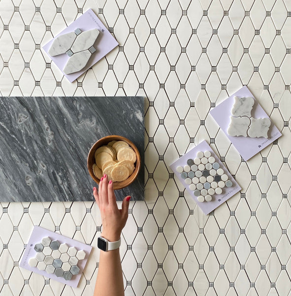 Elongated Octagon Waterjet Mosaic With Dolomite & Ocean grey Dot All Marble Tiles