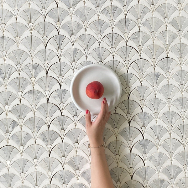 Fan Waterjet Mosaic Carrara Thassos and Mother of Pearl All Marble Tiles