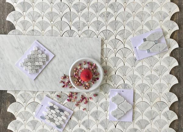 Fan Waterjet Mosaic Carrara Thassos and Mother of Pearl All Marble Tiles