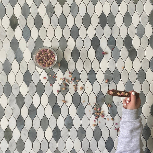 Elongated Teardrop White And Carrara With Blue Polished All Marble Tiles