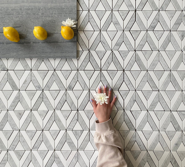 Marquee Waterjet Marble Mosaic Carrara & Thassos Tile for Backsplash Kitchen Tile| Bathroom Wall| Floor Tile| Shower Tile| Luxury Marble Tile for Accent All Marble Tiles