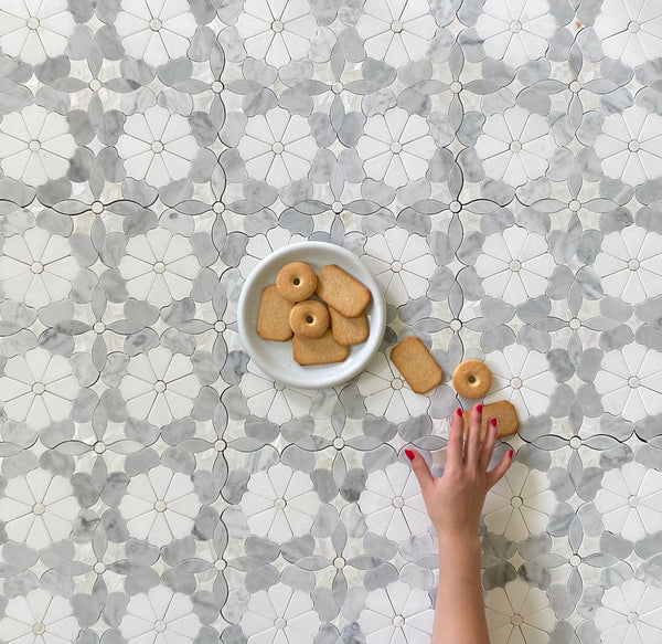 Daisy Dahlia Waterjet Mosaic Thassos Carrara and Mother of Pearl All Marble Tiles
